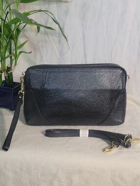 Classic Black Pebbled Leather Crossbody Wristlet
